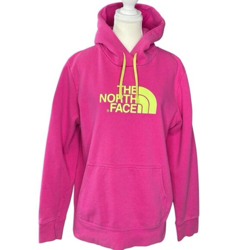 The North Face Womens XL Pink Neon Yellow Logo Pullover Hoodie Sweatshirt AAZX